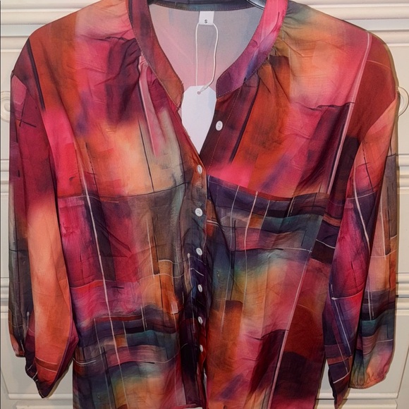 Tops - Women's Abstract Print Button-Front Blouse - Multi-Color size small new